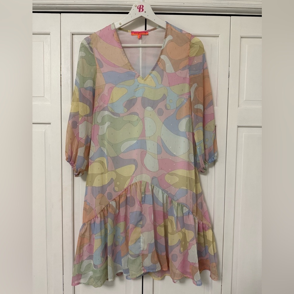 Vilagallo Made in Spain Sheer Ruffle Hem Mini Dress Disco Hippie Festival